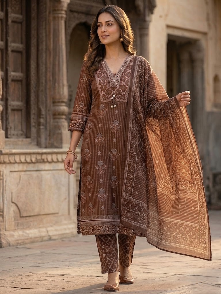 Women Chocolate Brown Printed Straight Kurta Pant And Dupatta Manufacturer Wholesale in Jaipur