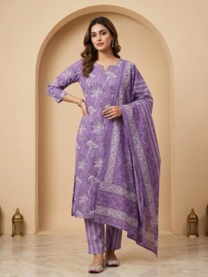 Women's Purple Floral Printed Kurta Pant with Dupatta Manufacturer Wholesale in Jaipur
