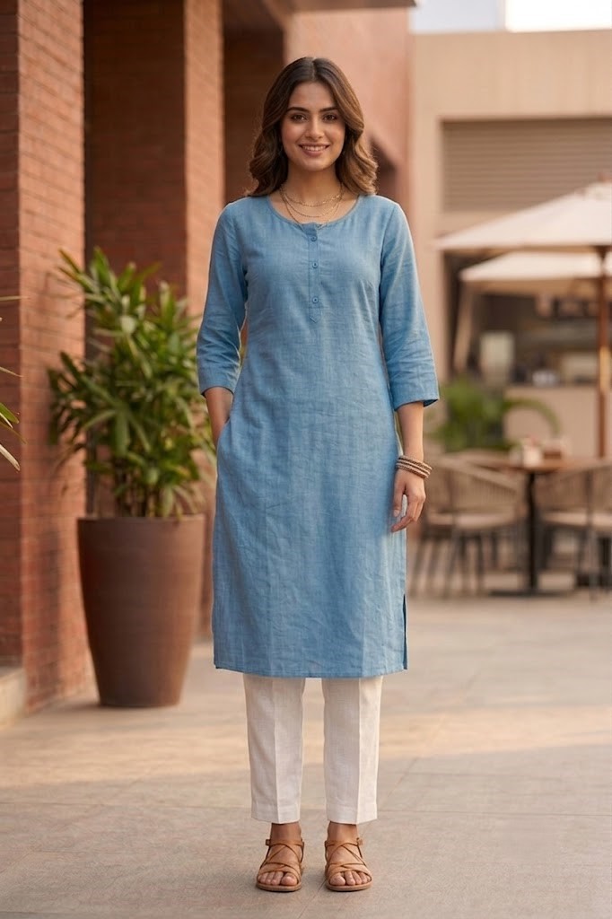 Women's Pure Cotton Flex Solid Sky Blue Straight Long Kurta for Women | Everyday Office & Casual Wear Manufacturer Wholesale in Jaipur