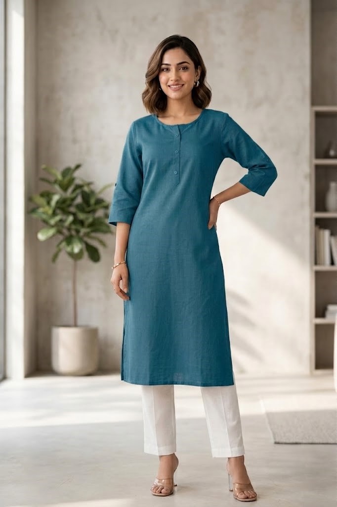 Women's Pure Cotton Flex Solid Teal Blue Straight Long Kurta for Women | Everyday Office & Casual Wear Manufacturer Wholesale in Jaipur