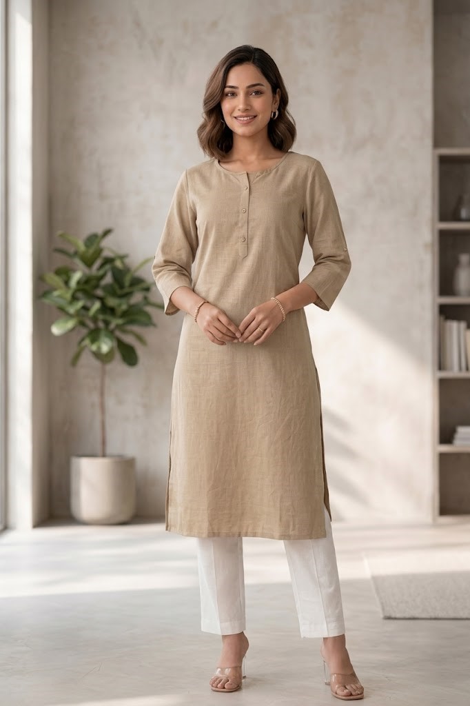 Women's Pure Cotton Flex Solid Skine Khakhi Straight Long Kurta for Women | Everyday Office & Casual Wear Manufacturer Wholesale in Jaipur
