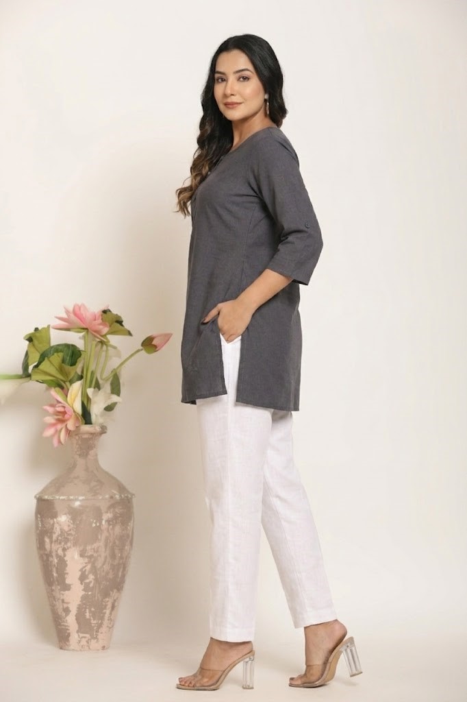 Women's Solid Smoke Grey Cotton Flex Short Kurti Manufacturer Wholesale in Jaipur