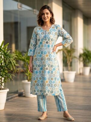 Women's Sky Blue Geometric & Floral Printed Pure Cotton Straight Kurta With Pant Manufacturer Wholesale in Jaipur