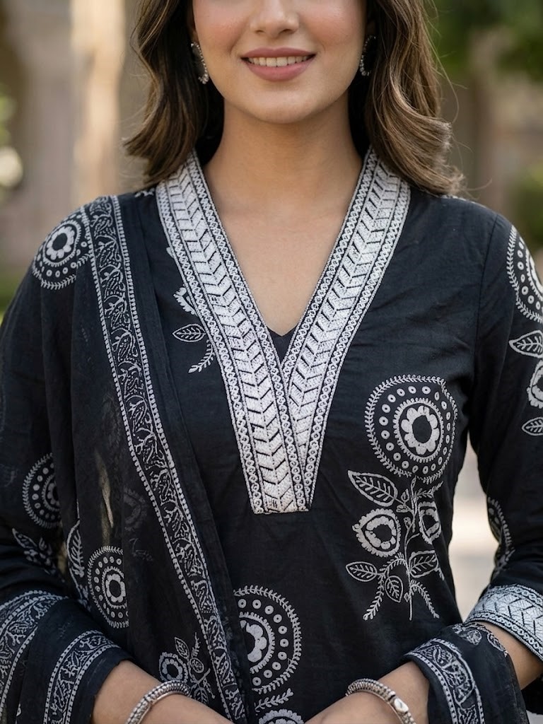 Women Black & White Floral Block Printed Pure Cotton Straight Kurta Pant And Dupatta Manufacturer Wholesale in Jaipur