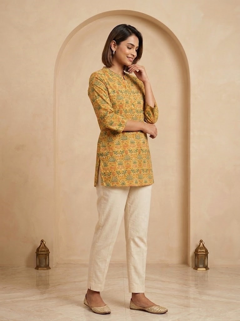 Women's Mustard Yellow Floral Printed Short Kurti Manufacturer Wholesale in Jaipur