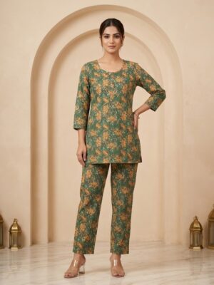 Women's Olive Green Floral Printed Pure Cotton Co-ord Set Manufacturer Wholesale in Jaipur