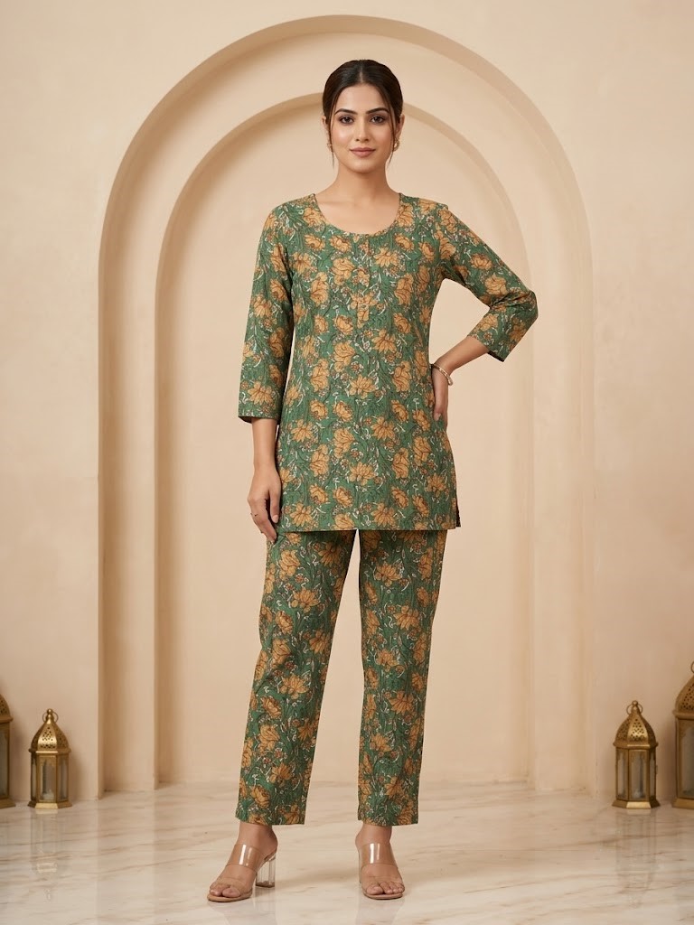 Women's Olive Green Floral Printed Pure Cotton Co-ord Set Manufacturer Wholesale in Jaipur