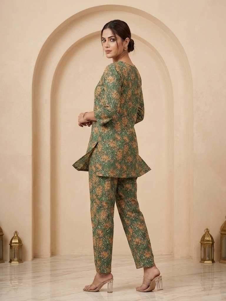 Women's Olive Green Floral Printed Pure Cotton Co-ord Set Manufacturer Wholesale in Jaipur