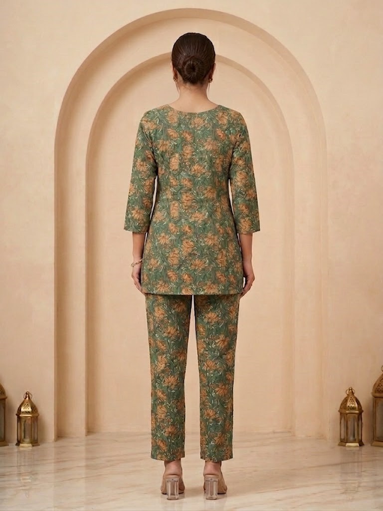 Women's Olive Green Floral Printed Pure Cotton Co-ord Set Manufacturer Wholesale in Jaipur