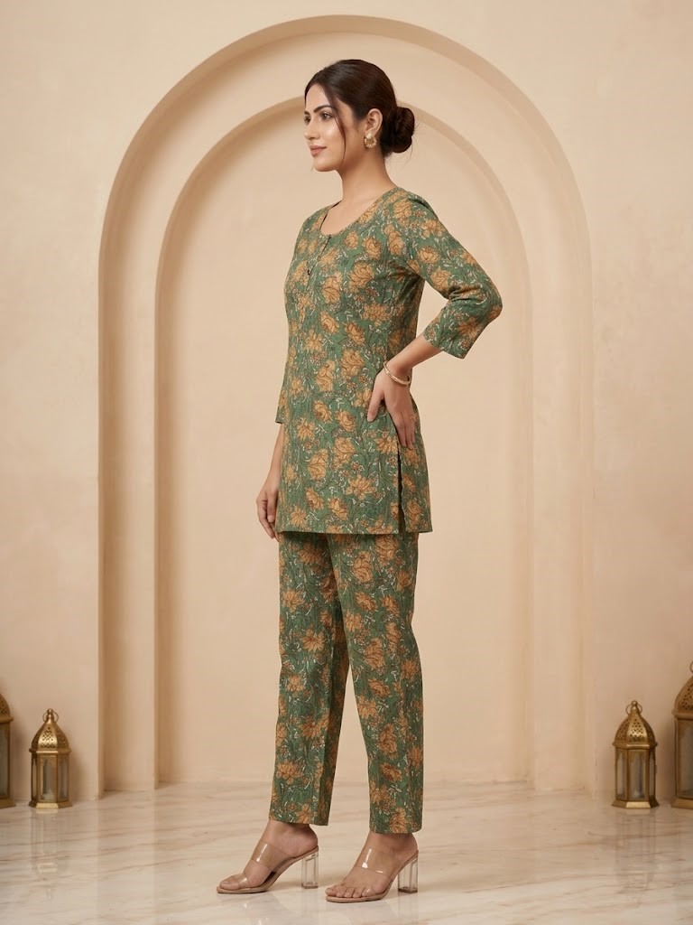 Women's Olive Green Floral Printed Pure Cotton Co-ord Set Manufacturer Wholesale in Jaipur