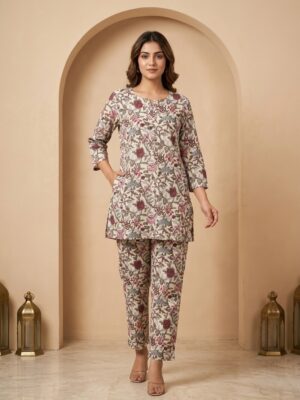 Women's Off White Floral Printed Pure Cotton Co-ord Set Manufacturer Wholesale in Jaipur