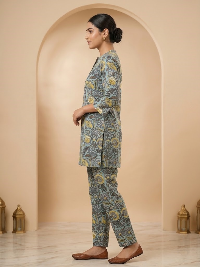 Women's Dusty Blue Floral Printed Pure Cotton Co-ord Set Manufacturer Wholesale in Jaipur
