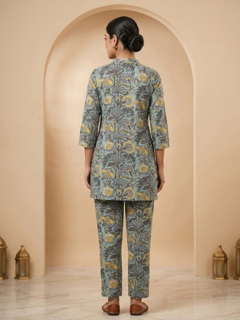 Women's Dusty Blue Floral Printed Pure Cotton Co-ord Set Manufacturer Wholesale in Jaipur