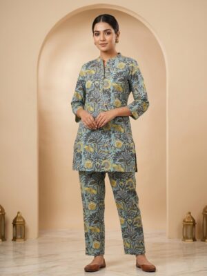 Women's Dusty Blue Floral Printed Pure Cotton Co-ord Set Manufacturer Wholesale in Jaipur