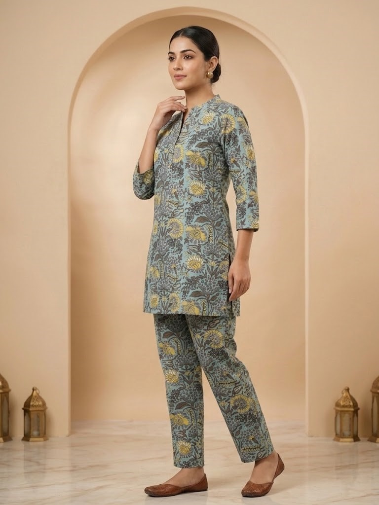 Women's Dusty Blue Floral Printed Pure Cotton Co-ord Set Manufacturer Wholesale in Jaipur