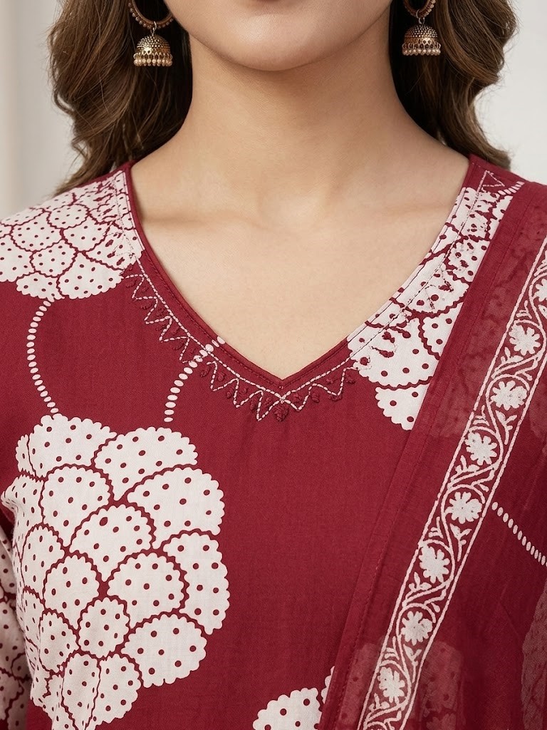Women's Maroon Floral Block Printed Straight Kurta Pant with Dupatta Manufacturer Wholesale in Jaipur