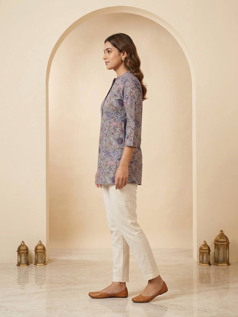 Women's Slate Grey Floral Printed Short Kurti Manufacturer Wholesale in Jaipur