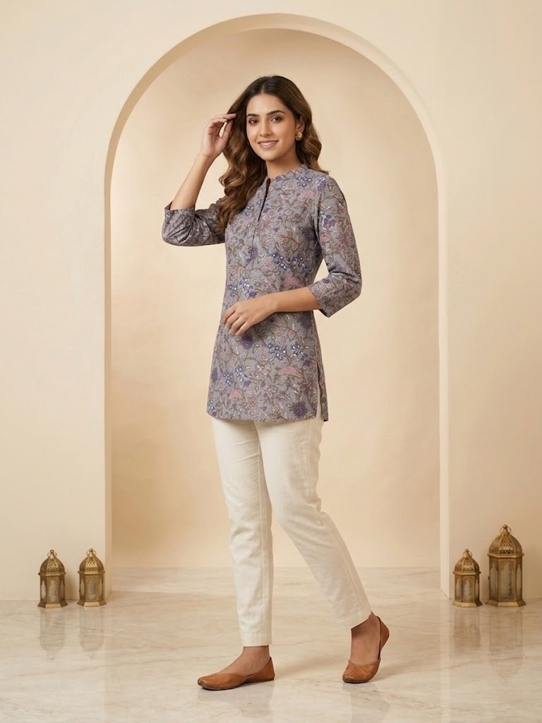 Women's Slate Grey Floral Printed Short Kurti Manufacturer Wholesale in Jaipur