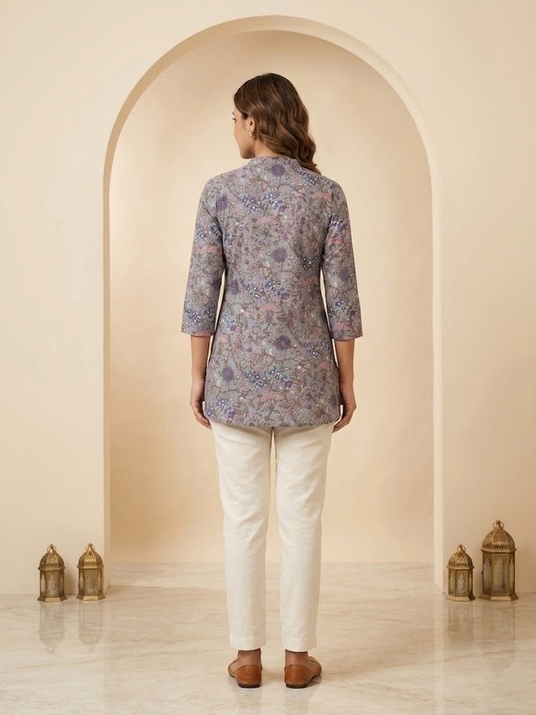 Women's Slate Grey Floral Printed Short Kurti Manufacturer Wholesale in Jaipur