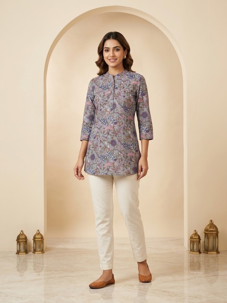 Women's Slate Grey Floral Printed Short Kurti Manufacturer Wholesale in Jaipur