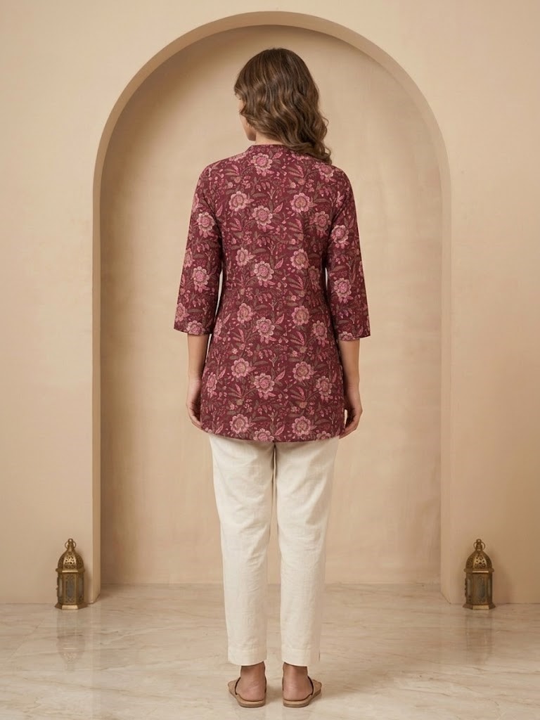 Women's Maroon Pure Cotton Floral Printed Short Kurti Manufacturer Wholesale in Jaipur