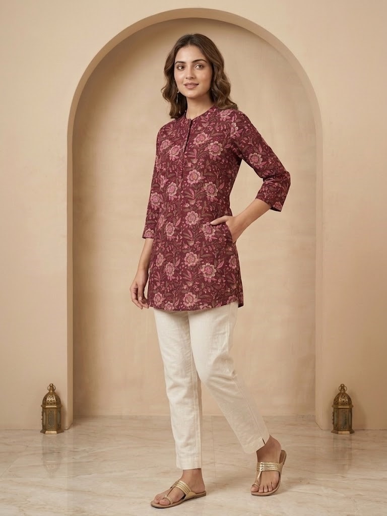Women's Maroon Pure Cotton Floral Printed Short Kurti Manufacturer Wholesale in Jaipur