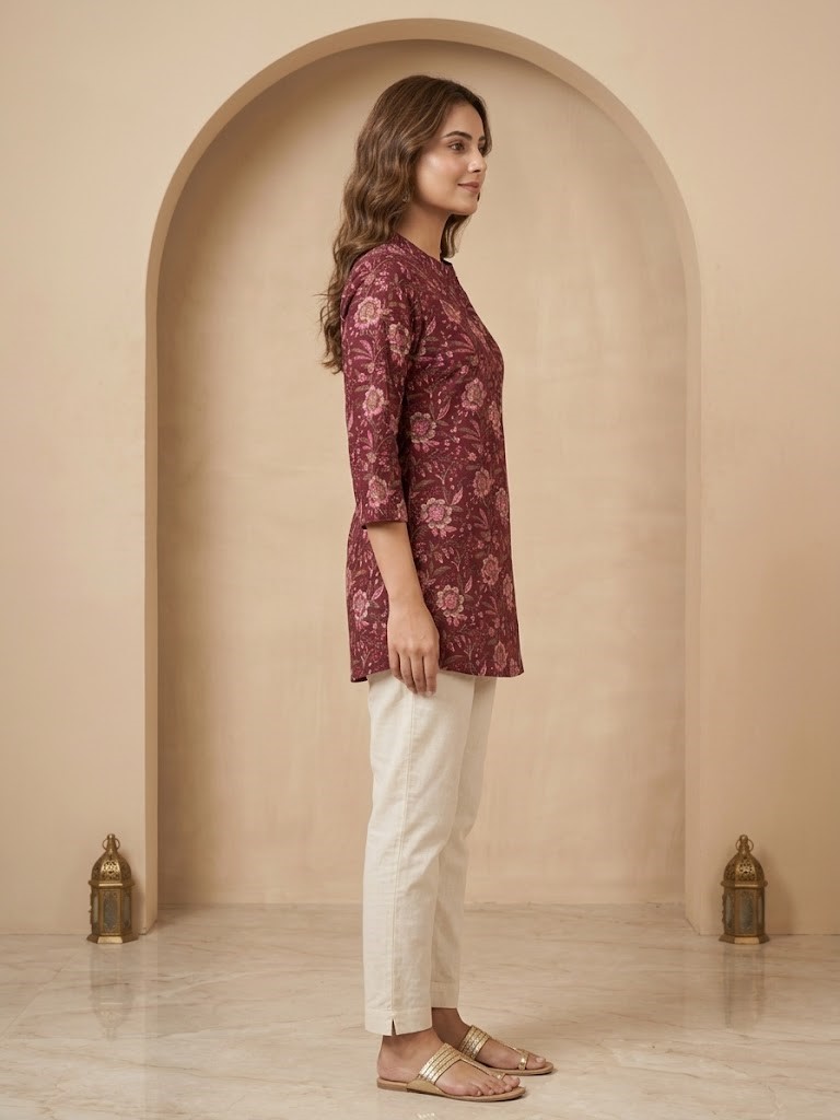 Women's Maroon Pure Cotton Floral Printed Short Kurti Manufacturer Wholesale in Jaipur