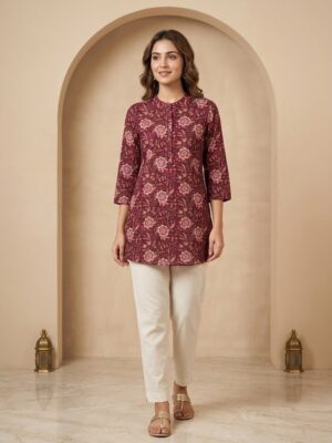 Women's Maroon Pure Cotton Floral Printed Short Kurti Manufacturer Wholesale in Jaipur