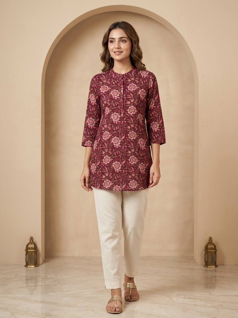 Women's Maroon Pure Cotton Floral Printed Short Kurti Manufacturer Wholesale in Jaipur