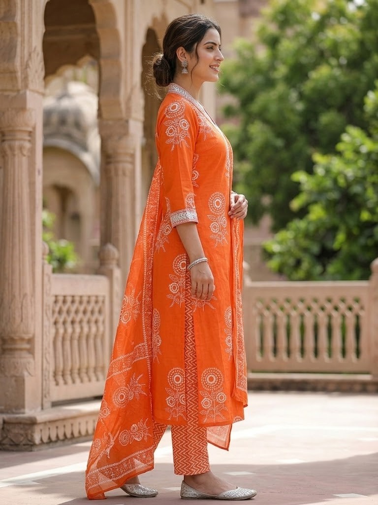Women's Bright Orange Floral Block Printed Pure Cotton Straight Kurta Pant And Dupatta Manufacturer Wholesale in Jaipur