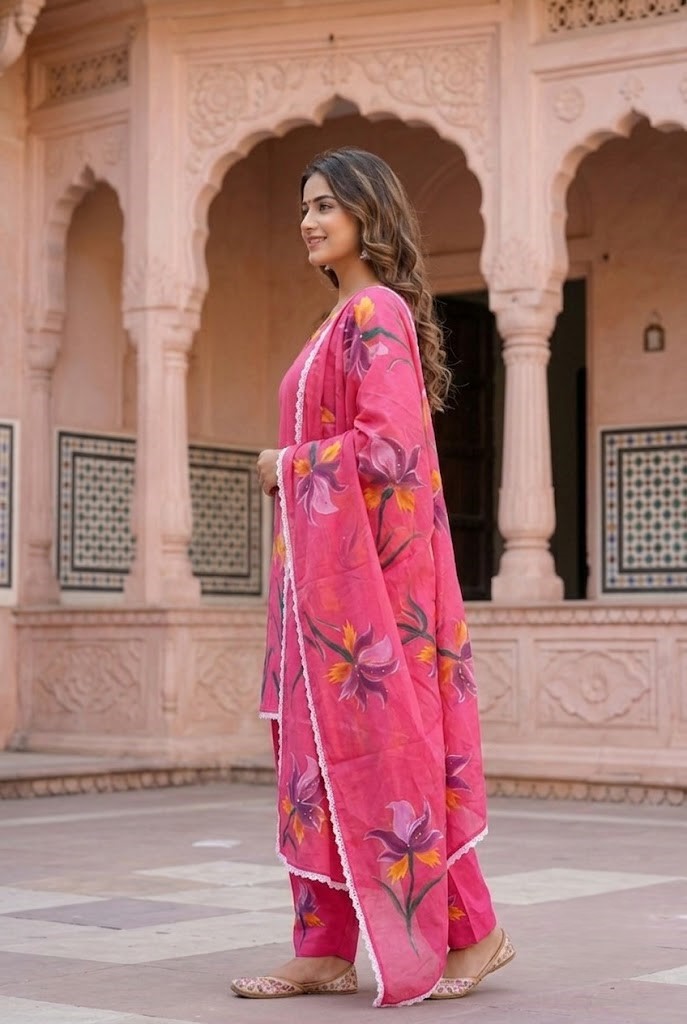 Women's Magenta Pink Hand-Brush Painted Floral Mulmul Cotton Farsi Salwar Suit Set with Lining Manufacturer Wholesale in Jaipur