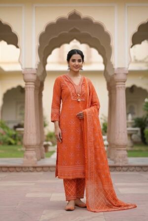 Women Rust Orange Printed Straight Kurta Pant And Dupatta Manufacturer Wholesale in Jaipur
