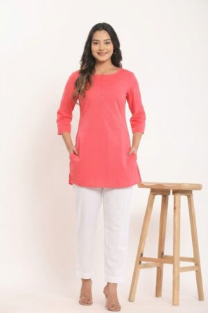 Women's Solid Coral Pink Cotton Flex Short Kurti Manufacturer Wholesale in Jaipur