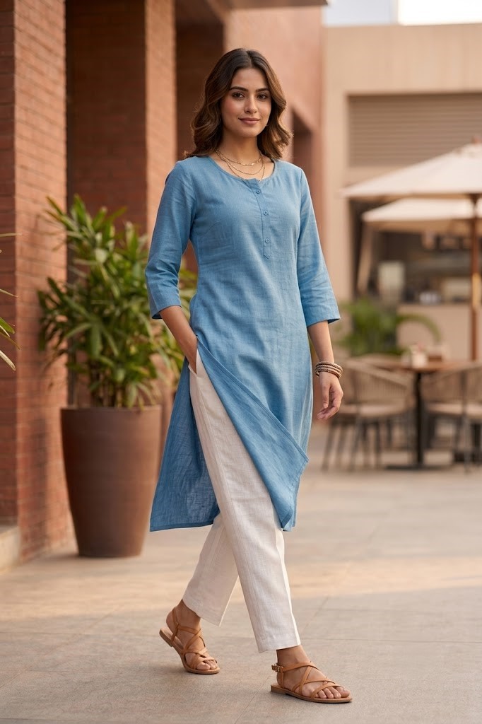 Women's Pure Cotton Flex Solid Sky Blue Straight Long Kurta for Women | Everyday Office & Casual Wear Manufacturer Wholesale in Jaipur