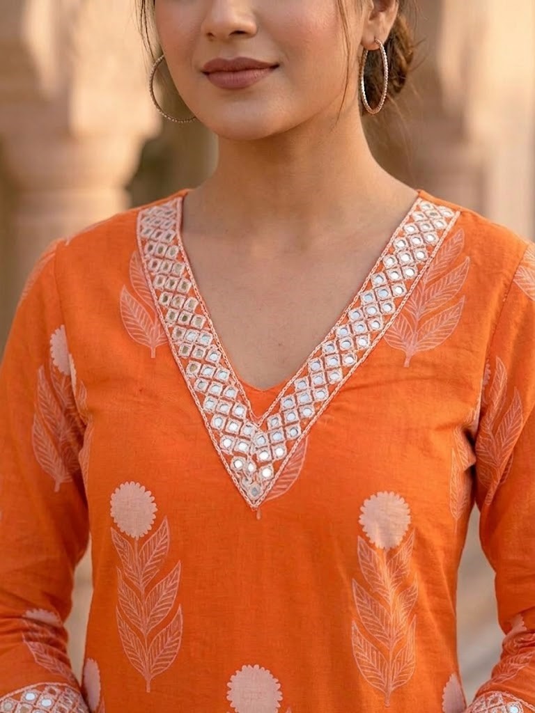 Women's Bright Orange Floral Block Printed Pure Cotton Straight Kurta Pant And Dupatta Manufacturer Wholesale in Jaipur