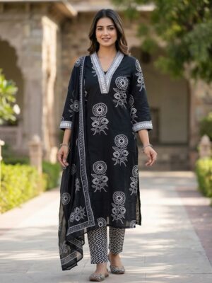 Women Black & White Floral Block Printed Pure Cotton Straight Kurta Pant And Dupatta Manufacturer Wholesale in Jaipur