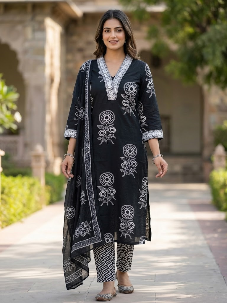 Women Black & White Floral Block Printed Pure Cotton Straight Kurta Pant And Dupatta Manufacturer Wholesale in Jaipur