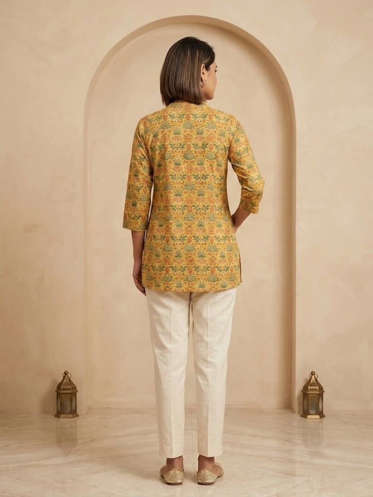 Women's Mustard Yellow Floral Printed Short Kurti Manufacturer Wholesale in Jaipur