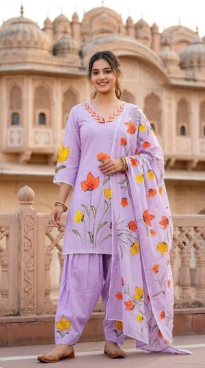 Women's Pastel Purple Hand-Brush Painted Floral Mulmul Cotton Farsi Salwar Suit Set with Lining Manufacturer Wholesale in Jaipur
