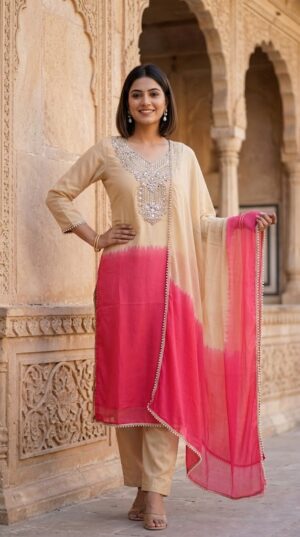 Women Beige & Magenta Pink Ombre Shaded Cotton Heavy Embroidered Straight Kurta Pant And Dupatta Set Manufacturer Wholesale in Jaipur