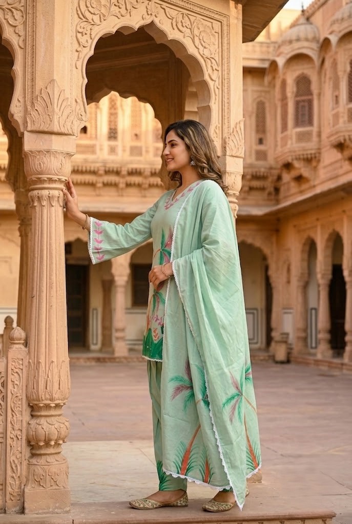 Women's Pista Green Hand-Brush Painted Floral Mulmul Cotton Farsi Salwar Suit Set with Lining Manufacturer Wholesale in Jaipur