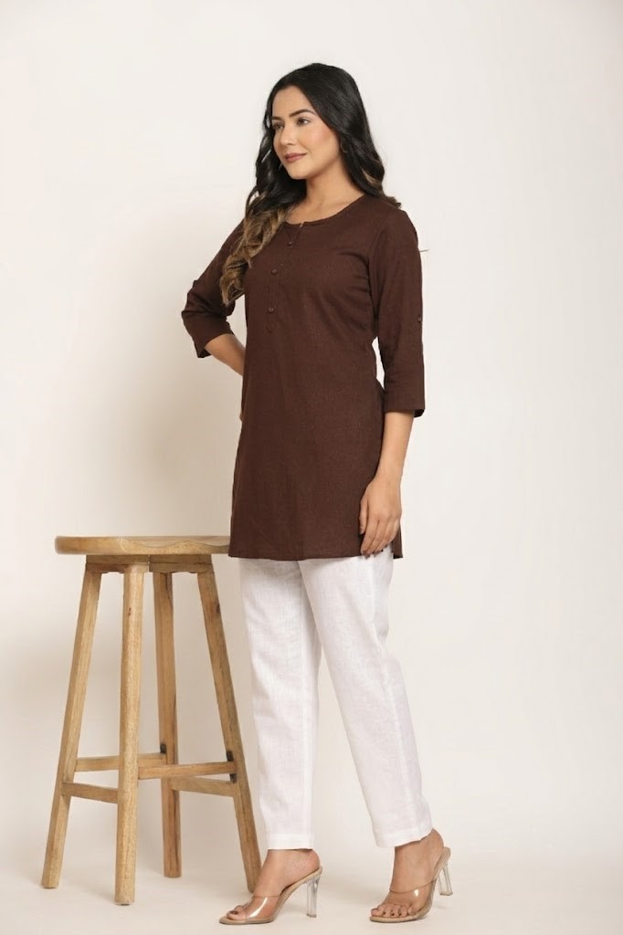 Women's Solid Chocolate Brown Cotton Flex Short Kurti Manufacturer Wholesale in Jaipur