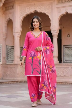 Women's Magenta Pink Hand-Brush Painted Floral Mulmul Cotton Farsi Salwar Suit Set with Lining Manufacturer Wholesale in Jaipur