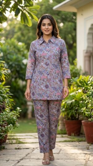 Women's Muted Grey Floral Printed Cotton Short Kurti & Pants Co-ord Set with Shirt Collar Manufacturer Wholesale in Jaipur
