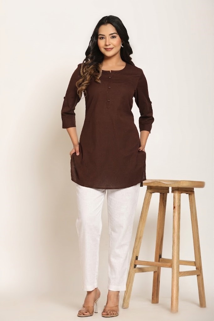 Women's Solid Chocolate Brown Cotton Flex Short Kurti Manufacturer Wholesale in Jaipur