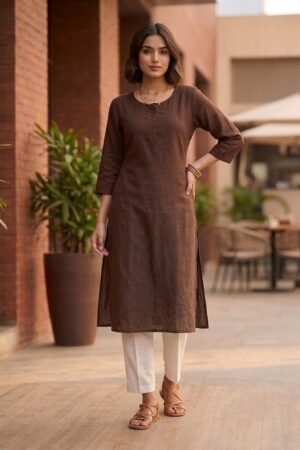 Women's Pure Cotton Flex Solid Chocolate Brown Straight Long Kurta for Women | Everyday Office & Casual Wear Manufacturer Wholesale in Jaipur