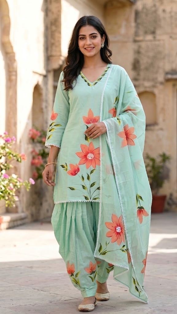 Women's Pastel Mint Hand-Brush Painted Floral Mulmul Cotton Farsi Salwar Suit Set with Lining Manufacturer Wholesale in Jaipur