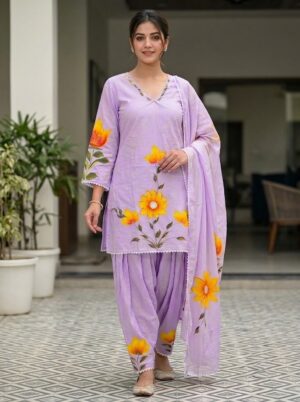 Women's Lavender Hand-Brush Painted Floral Mulmul Cotton Farsi Salwar Suit Set with Lining Manufacturer Wholesale in Jaipur