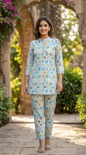 Women's Off White Geometric Print Cotton Short Kurti & Pants Co-ord Set with Mandarin Collar Manufacturer Wholesale in Jaipur