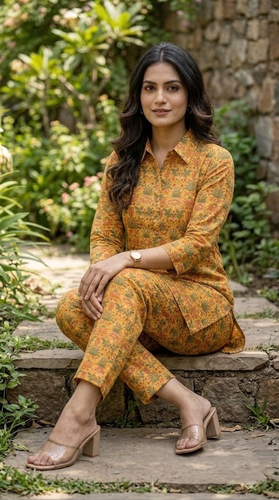 Women's Mustard Yellow Floral Printed Cotton Short Kurti & Pants Co-ord Set with Shirt Collar Manufacturer Wholesale in Jaipur